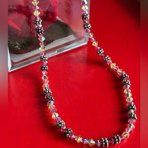 925 Silver Necklace,Pink and Yellow Crystal Bead Necklace with Silver Accents